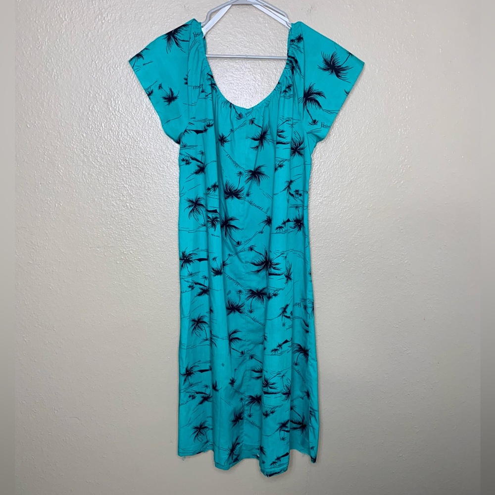 Hilo Hattie Vintage Hawaiian Dress Teal Palm Trees Size Medium